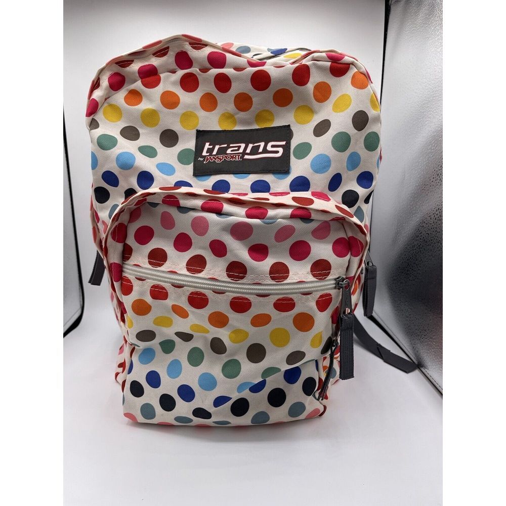 Jansport Trans Backpack White with Colorful Polka Dots- Good Shape -